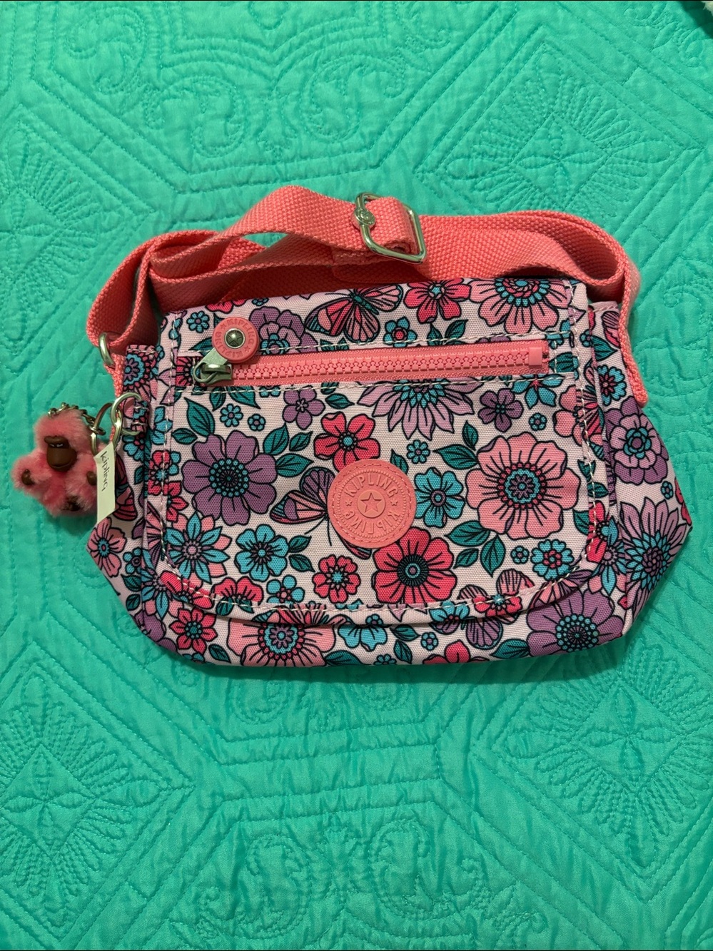 Kipling Pink Floral Crossbody with Coral Strap